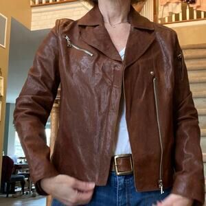 Andrew Marc NY $450 Leather Cocoa Brown Biker Jacket Womens Small EUC